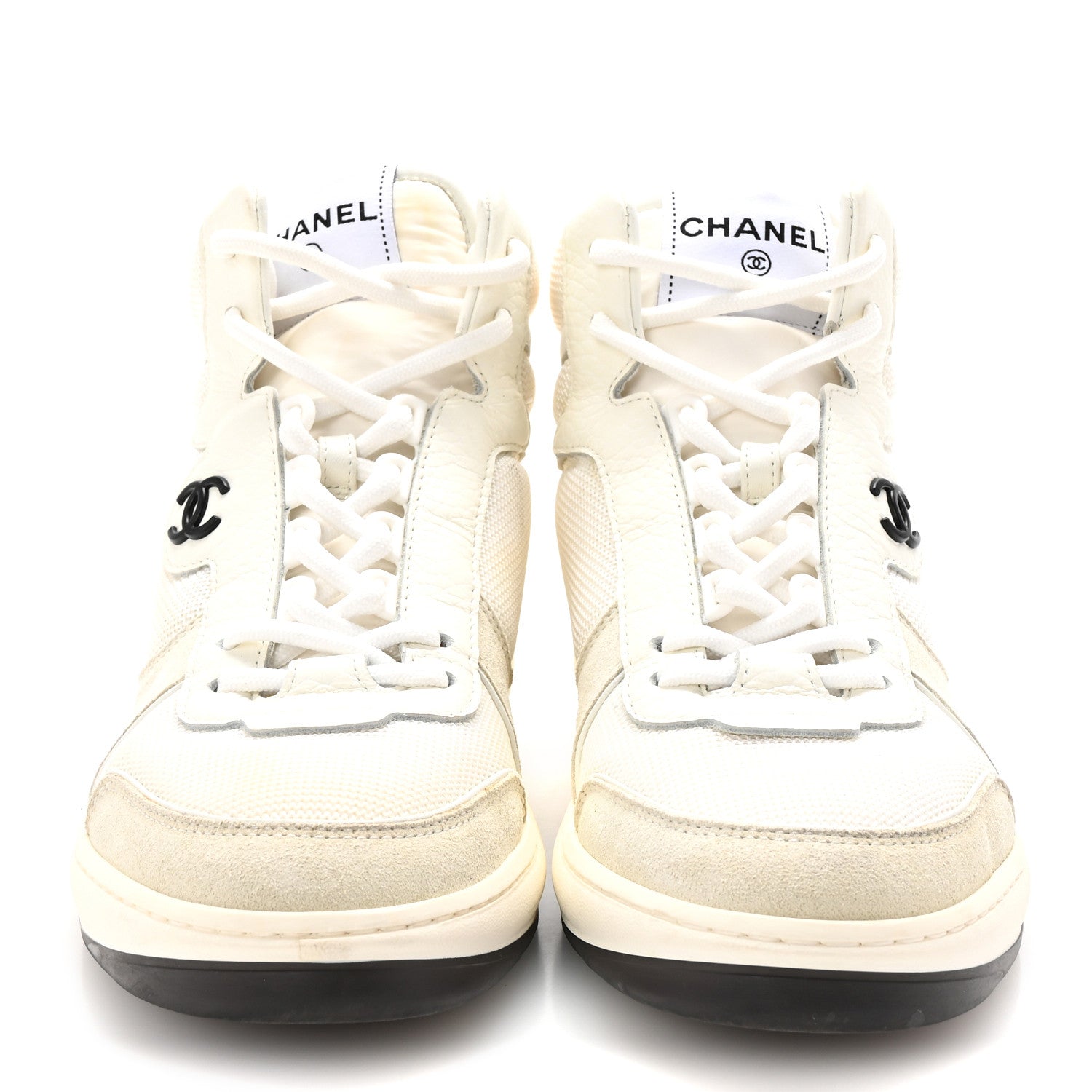 Chanel Suede Fabric Grained Calfskin Womens CC High Top Sneakers 38.5 White 3 of 10
