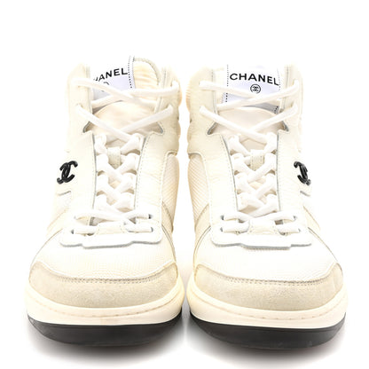 Chanel Suede Fabric Grained Calfskin Womens CC High Top Sneakers 38.5 White 3 of 10