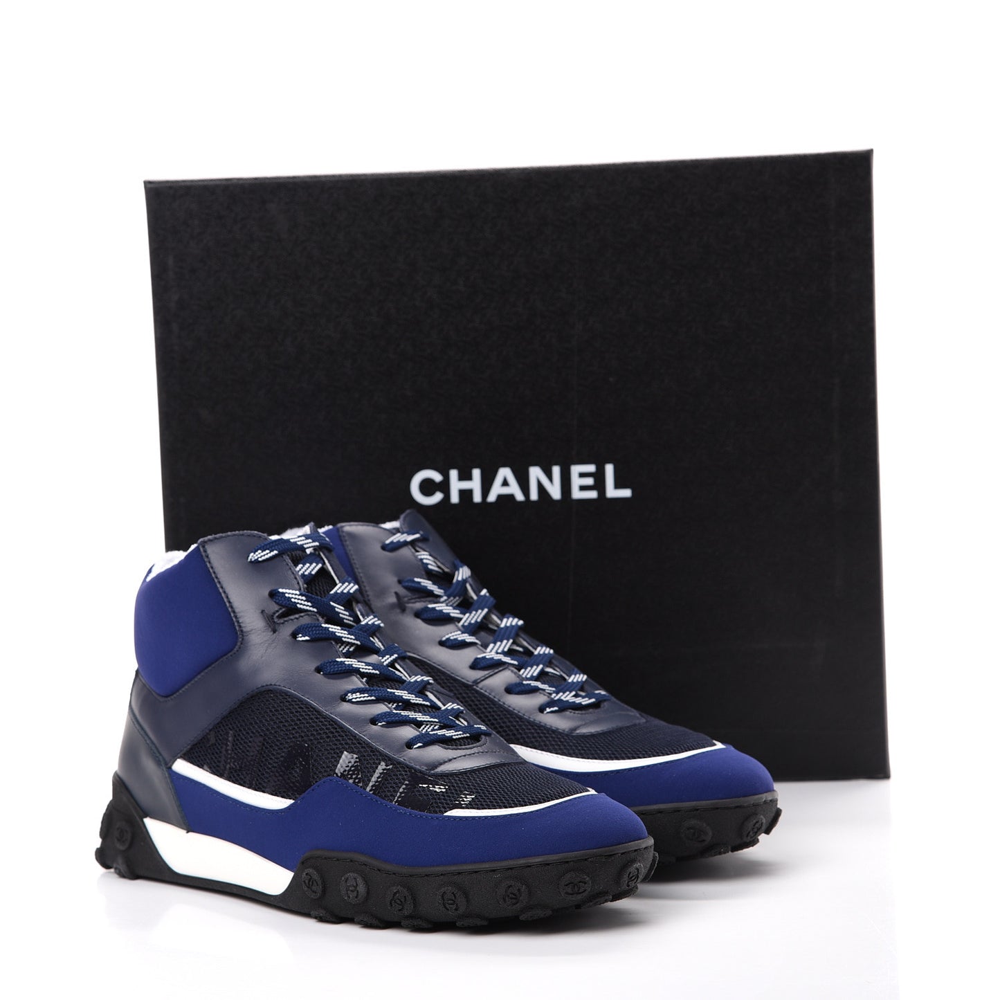 Calfskin Mesh Lycra Womens Logo High Top Sneakers 40.5 Navy