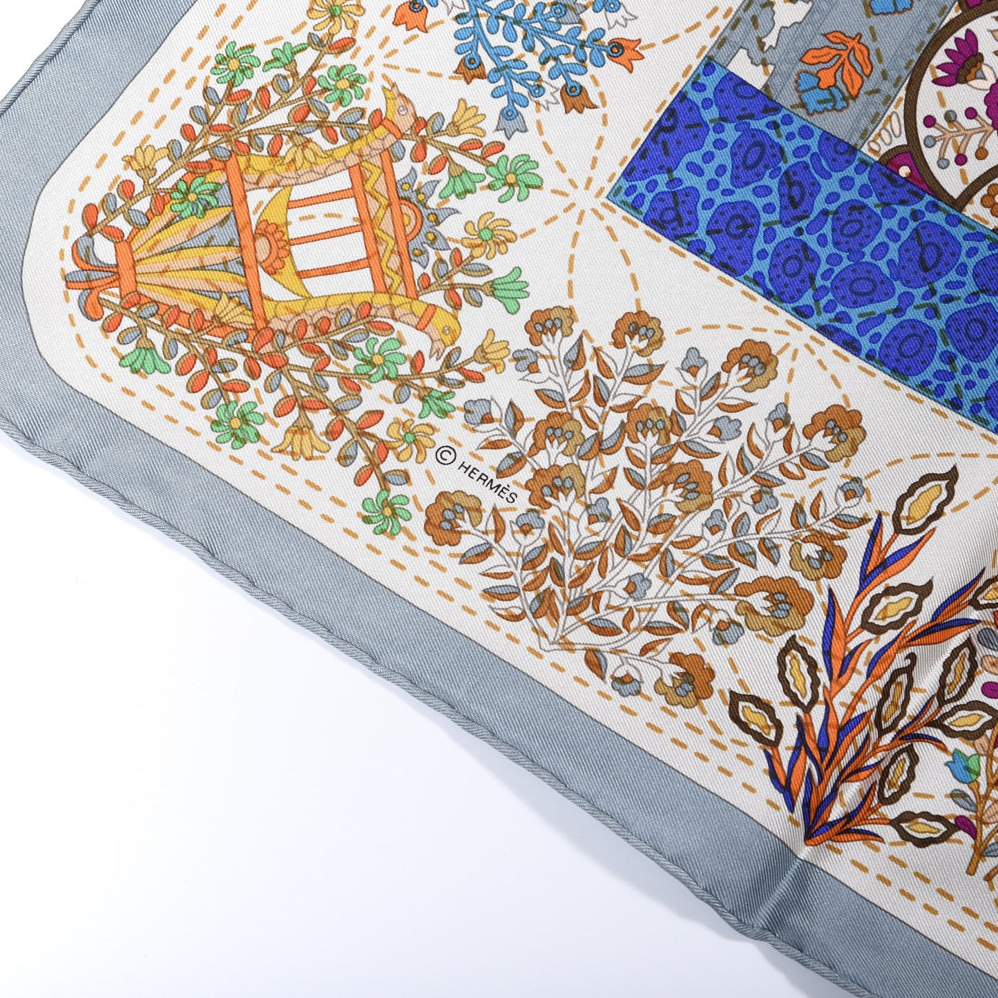 Silk Pique Fleuri de Provence Scarf 90 Gris Bleute Beige Orange