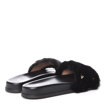 Valentino Garavani Mink Fur Rockstud Slide Sandals 38 Black 4 of 10