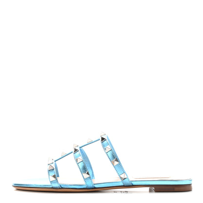 Valentino Garavani Metallic Nappa Rockstud Caged Flat Slide Sandals 36.5 Cerulean 1 of 8