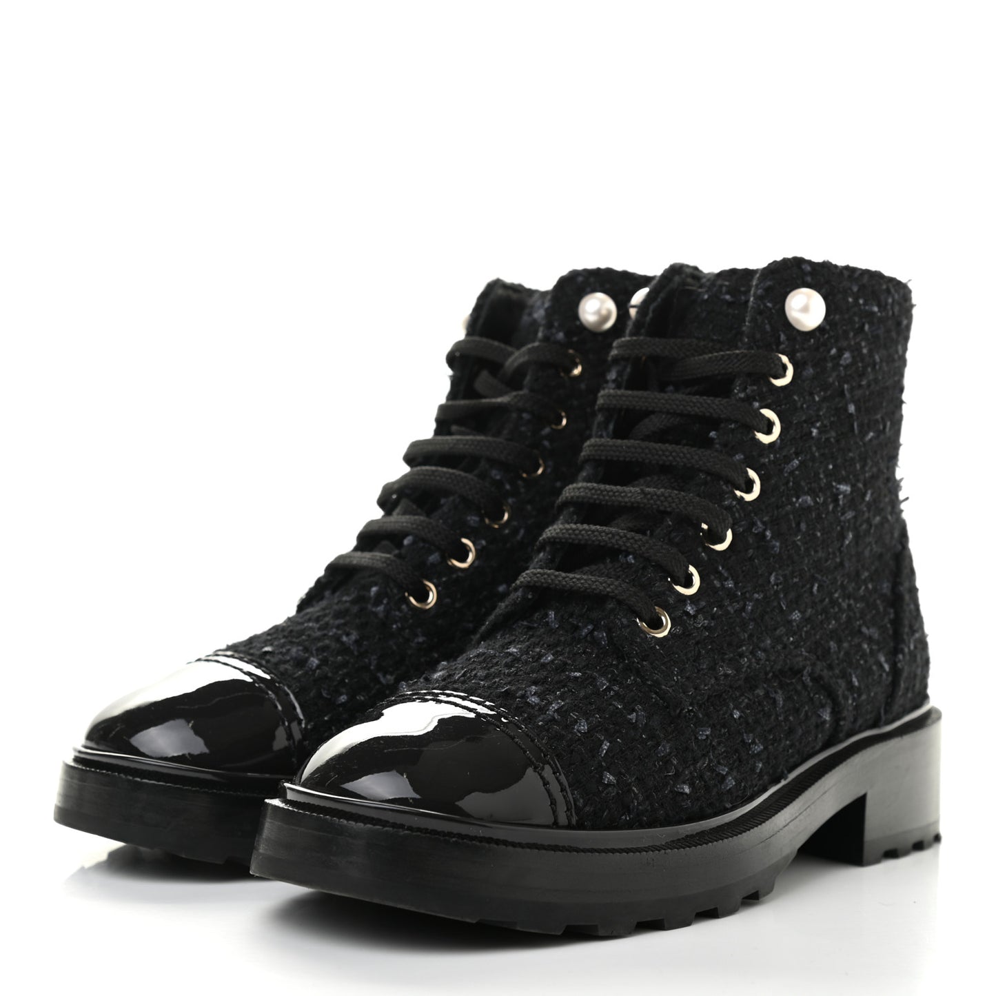 Tweed Patent Calfskin Pearl Combat Short Boots 36.5 Black Grey