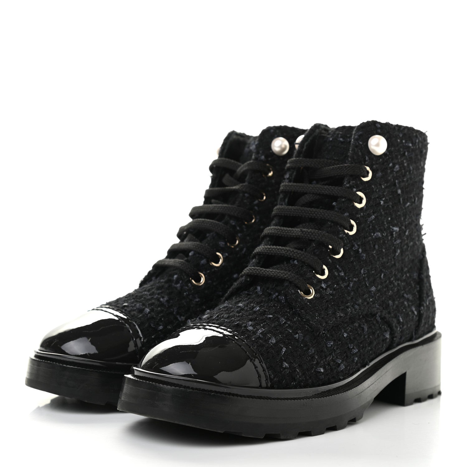 Chanel Tweed Patent Calfskin Pearl Combat Short Boots 36.5 Black Grey 3 of 10