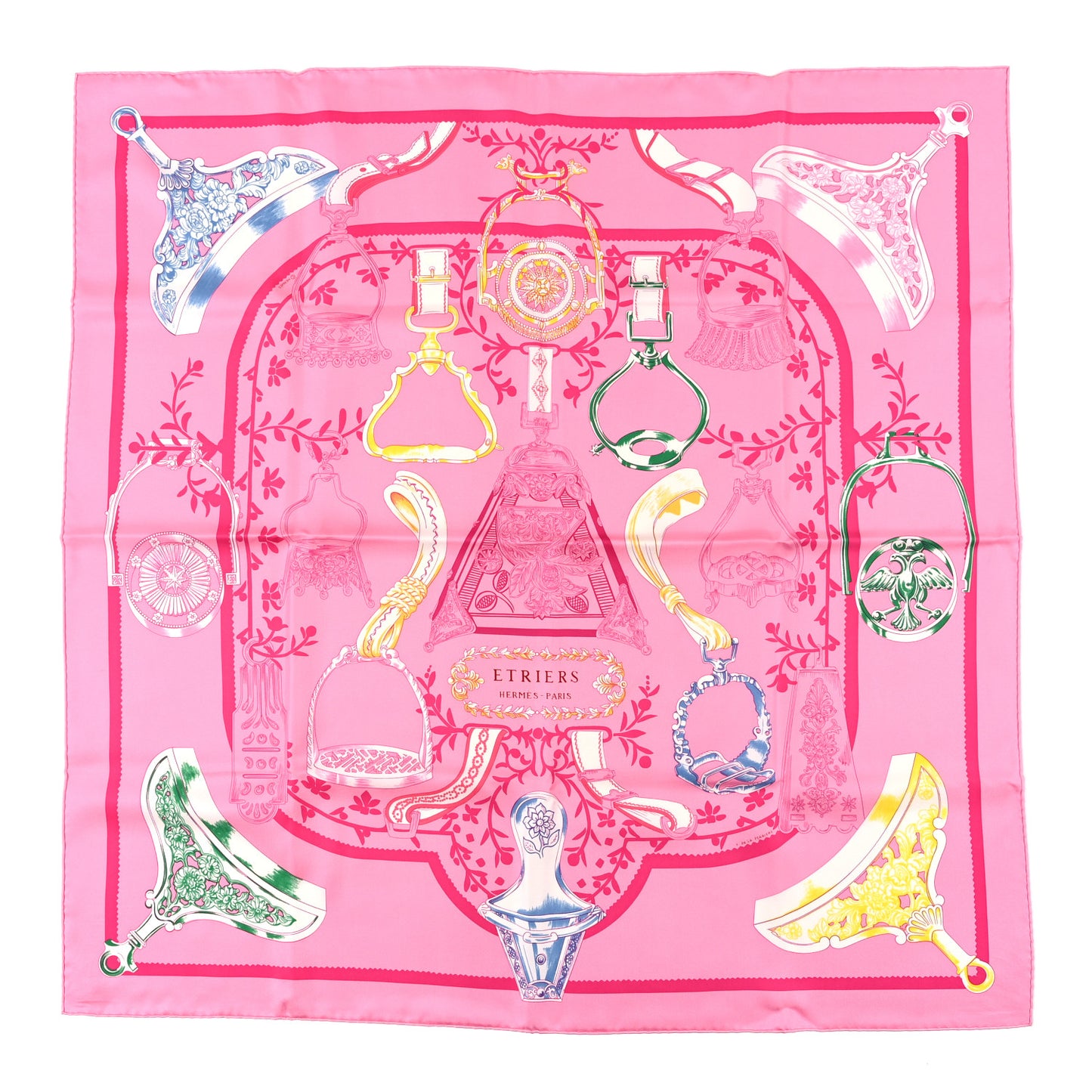 Silk Etriers Remix Scarf 90 Rose Jaune Vert