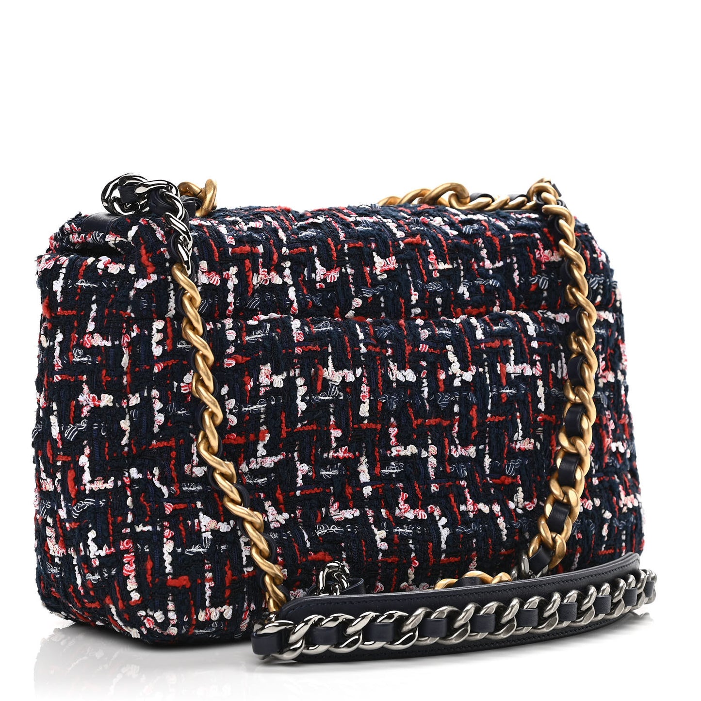 Tweed Quilted Medium Chanel 19 Flap Navy Blue White Red