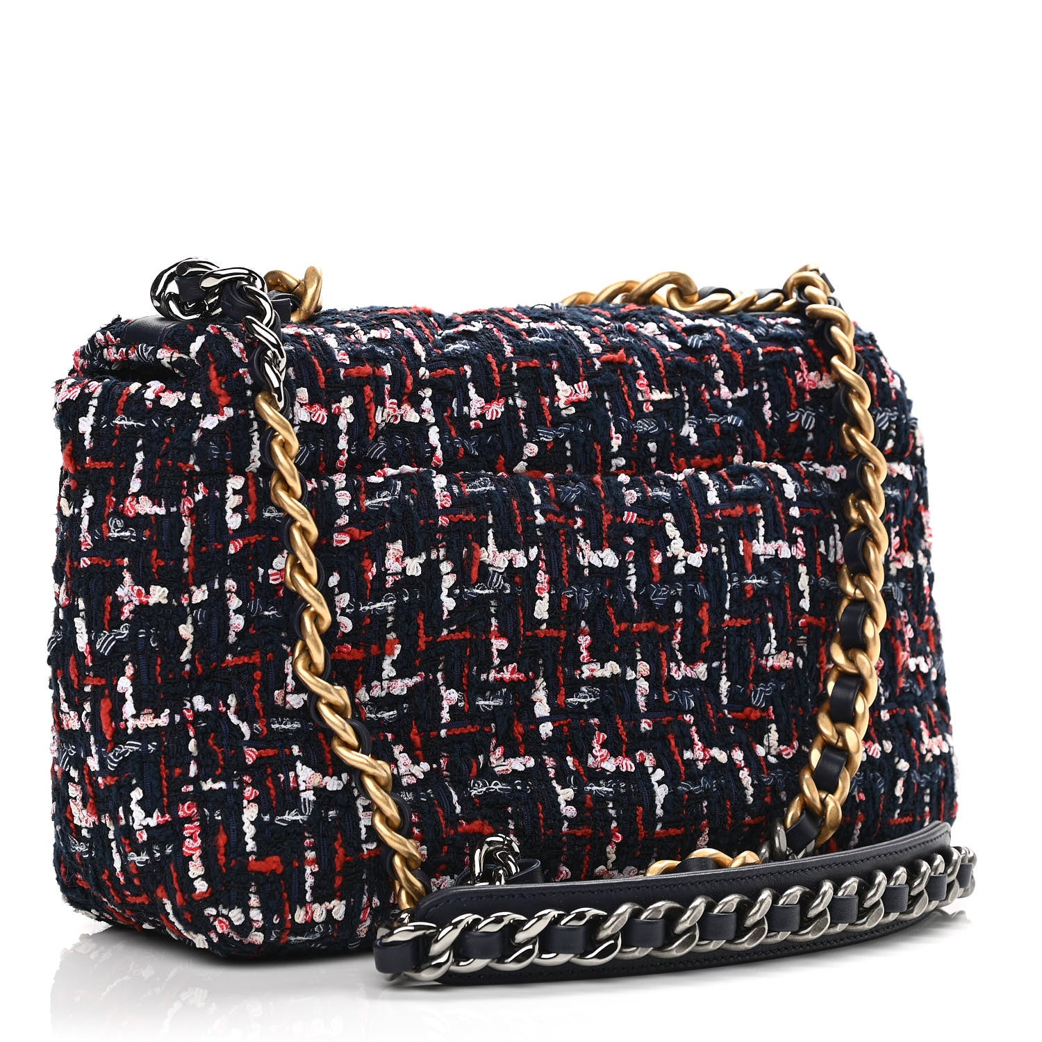 Chanel Tweed Quilted Medium Chanel 19 Flap Navy Blue White Red 3 of 11