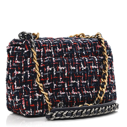 Chanel Tweed Quilted Medium Chanel 19 Flap Navy Blue White Red 3 of 11