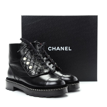 Chanel Crackled Calfskin Velvet Pearl Combat Short Boots 38 Black 11 of 11