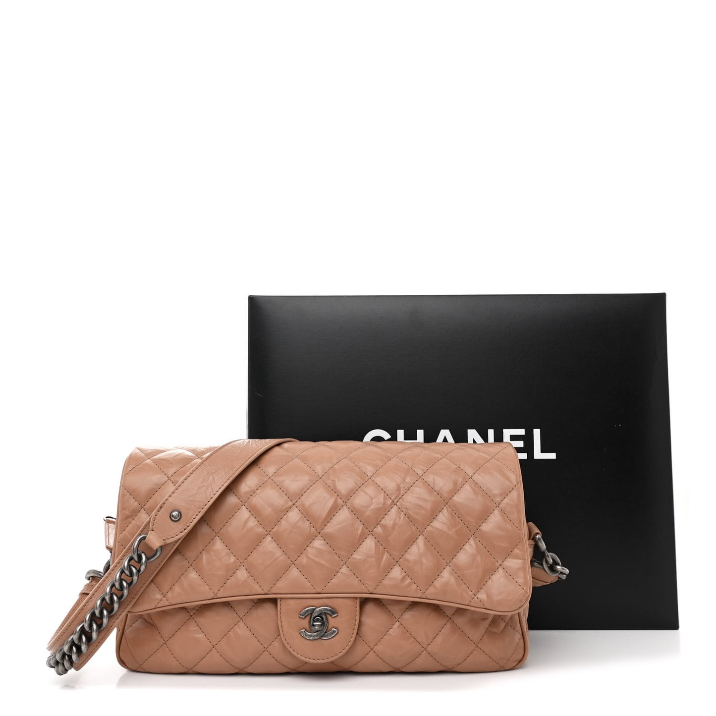 Aged Calfskin Quilted Medium Chain Detail Flap Light Brown