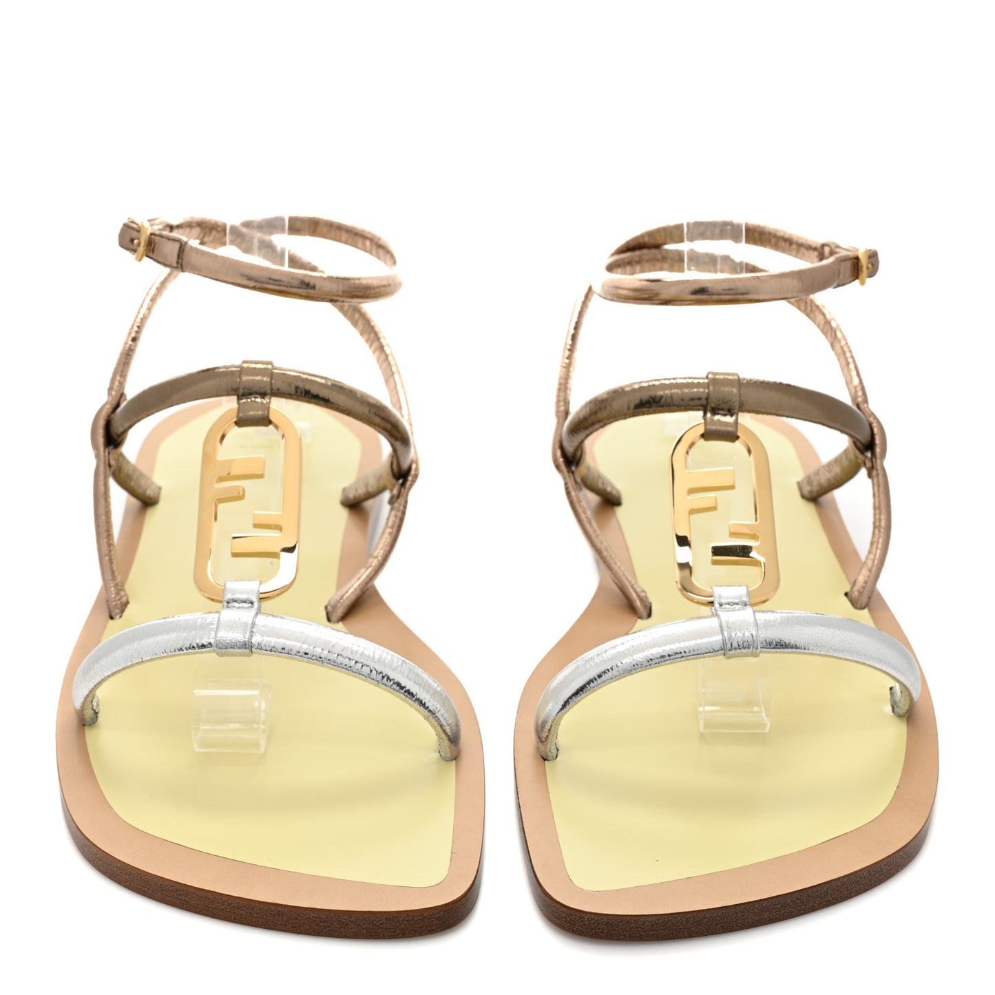 Metallic Nappa Fendi O'Lock Gladiator Flat Sandals 39 Argento Stagno Champagne