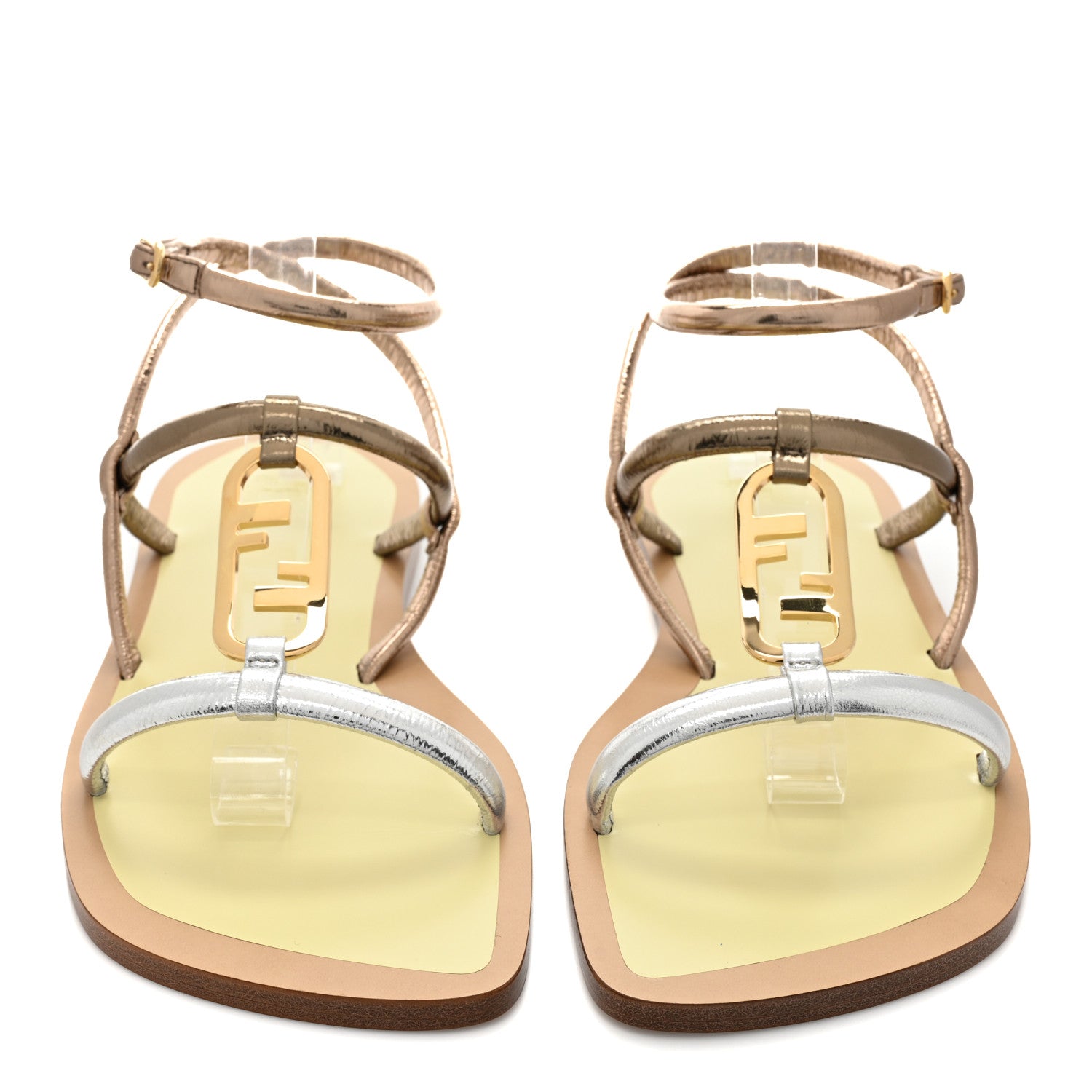 Fendi Metallic Nappa Fendi O'Lock Gladiator Flat Sandals 39 Argento Stagno Champagne 2 of 7
