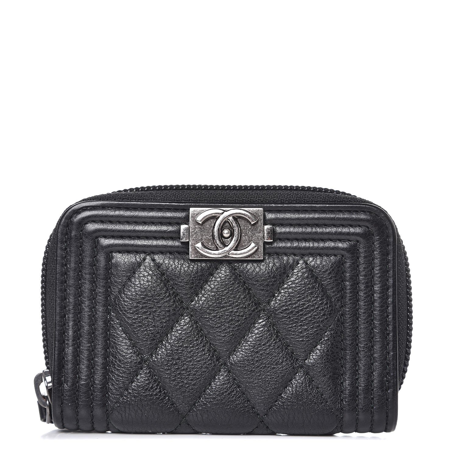 Chanel Calfskin Quilted Boy Zip Around Coin Purse Wallet Black 1 of 8
