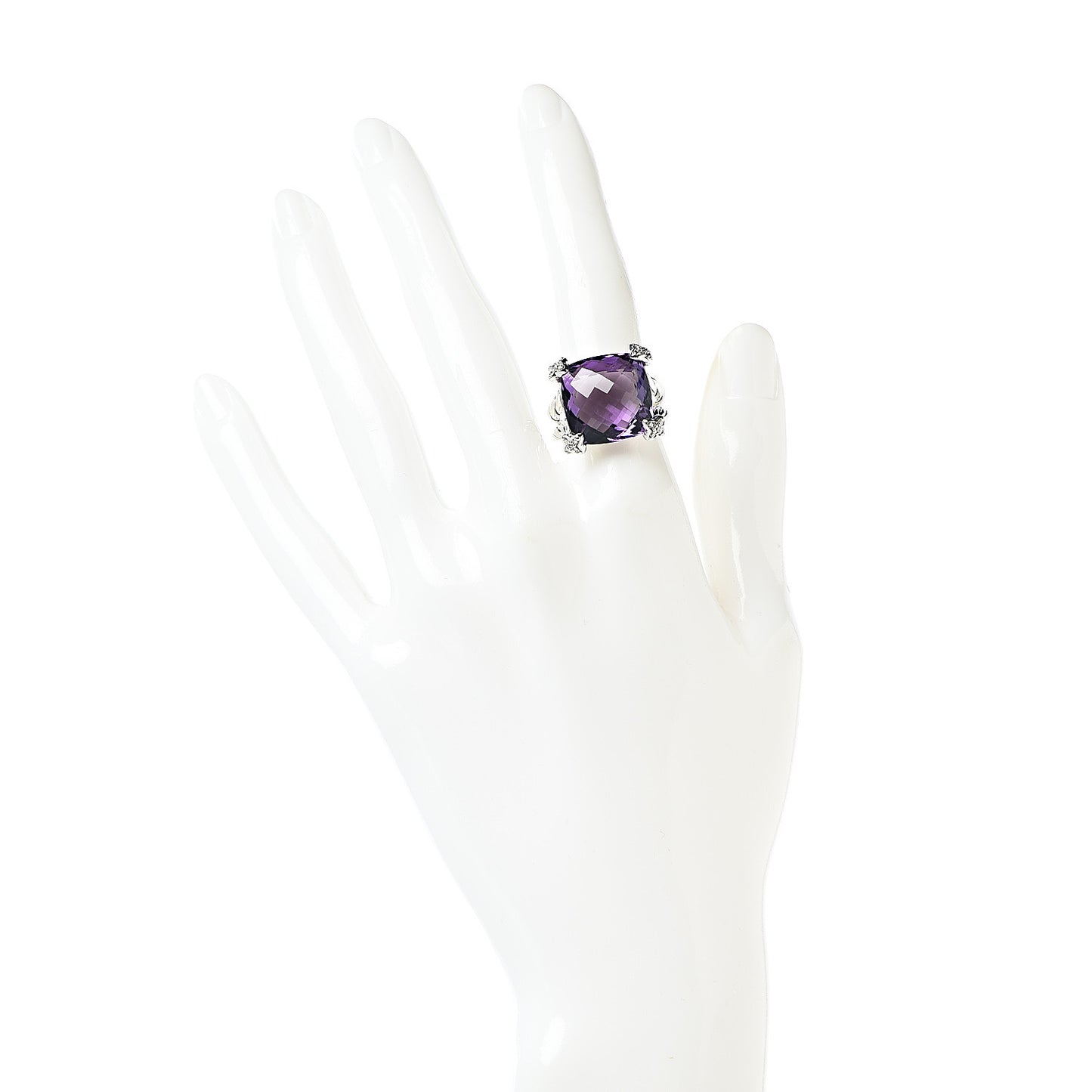 Sterling Silver Diamond Amethyst 15mm Cushion On Point Ring 52 6