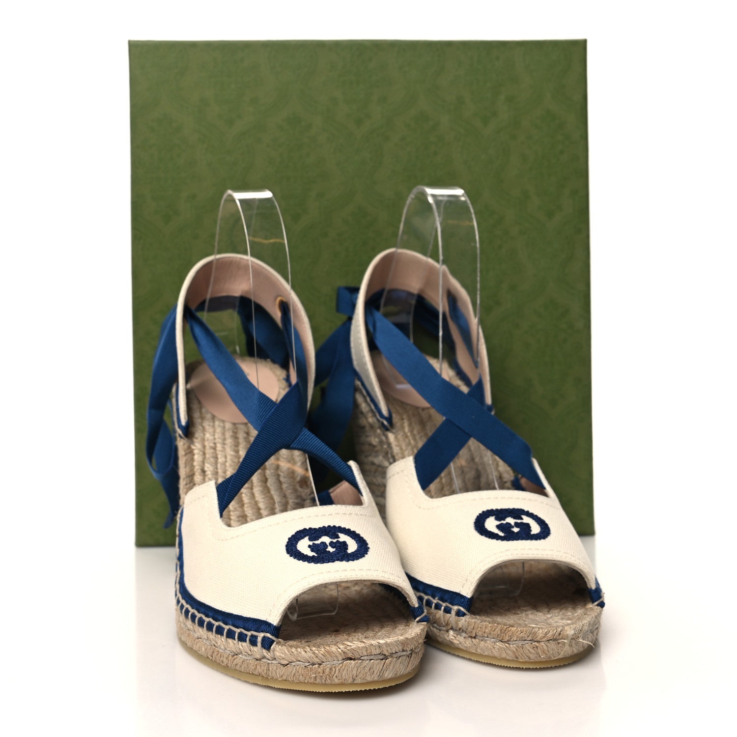 Gucci Canvas GG Ankle Wrap Platform Espadrille Wedges 40 Mystic White Royal Blue 8 of 8