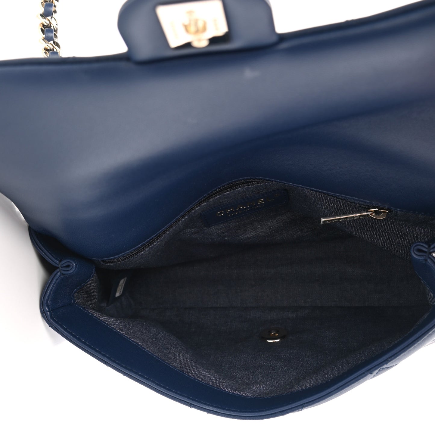 Lambskin Quilted Resin Bi-Color Chain Flap Bag Navy