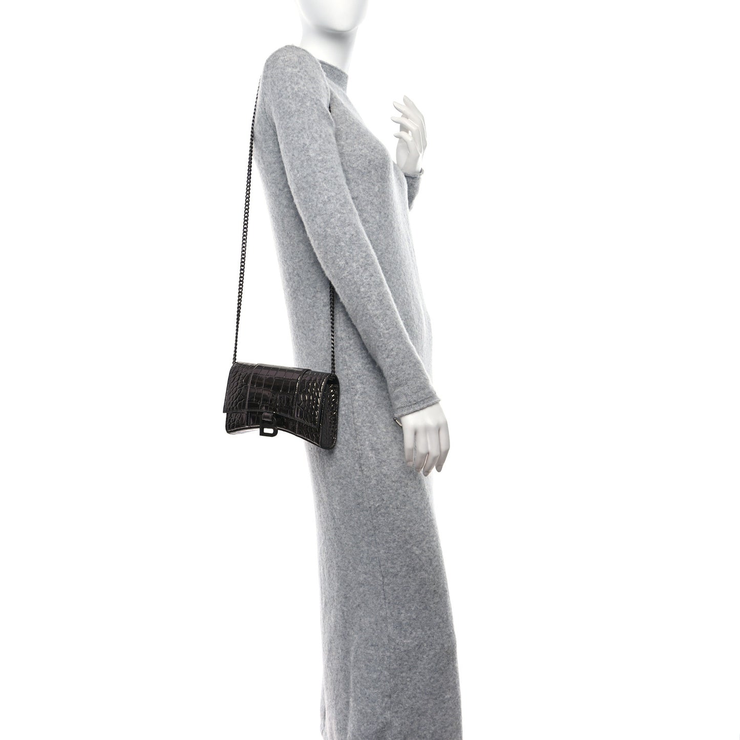 Shiny Calfskin Crocodile Embossed Hourglass Chain Bag Gunmetal