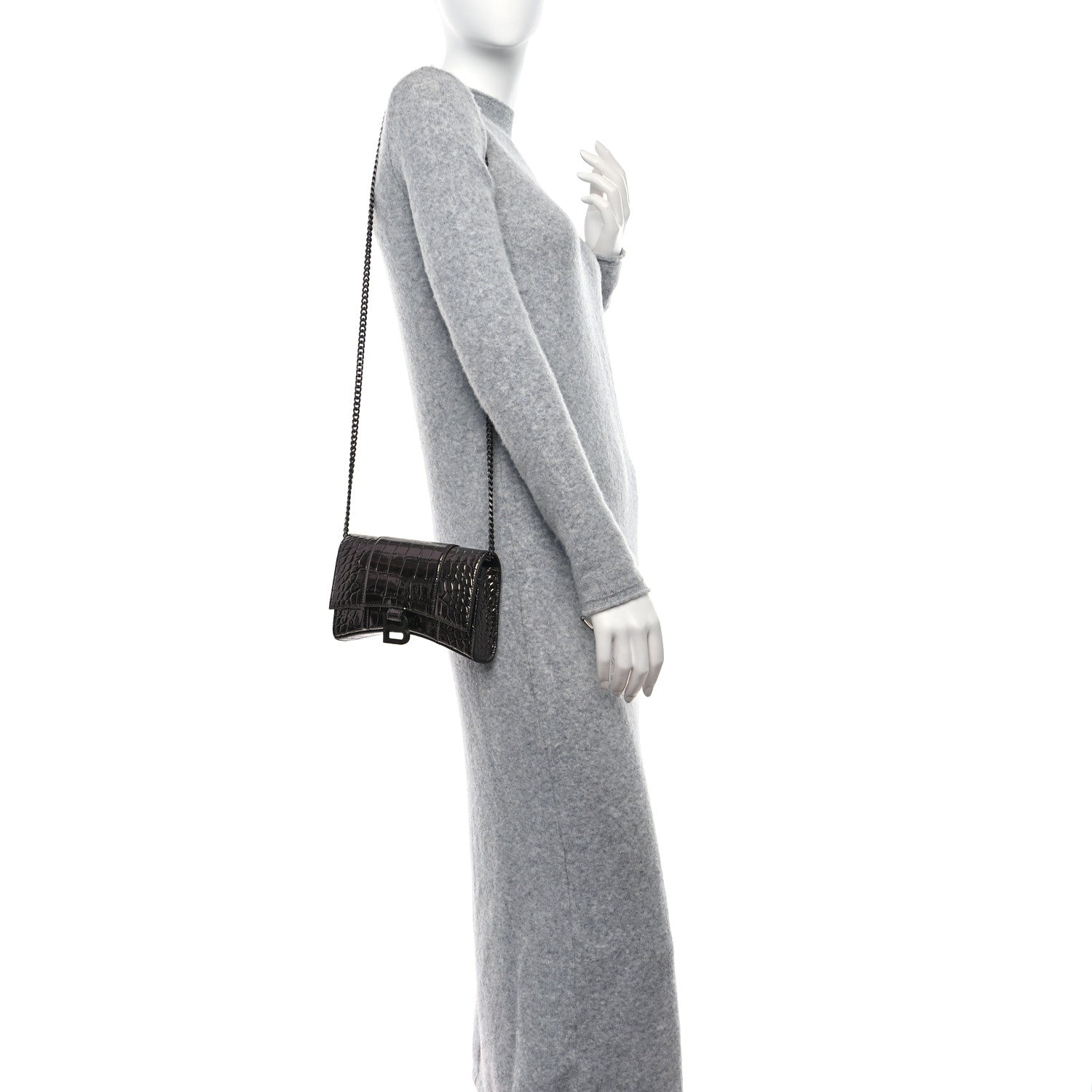 Balenciaga Shiny Calfskin Crocodile Embossed Hourglass Chain Bag Gunmetal 2 of 9
