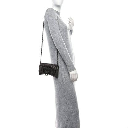 Balenciaga Shiny Calfskin Crocodile Embossed Hourglass Chain Bag Gunmetal 2 of 9