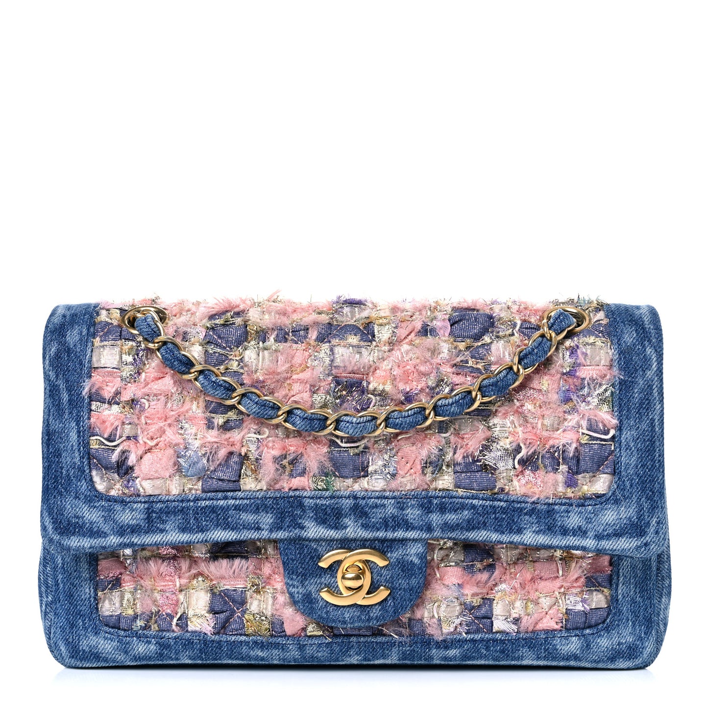 Denim Tweed Quilted Medium Double Flap Blue