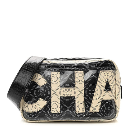 Chanel Coated Canvas Calfskin Camellia Printed Camera Case Black Beige 1 of 14