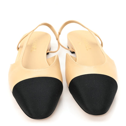 Chanel Lambskin Grosgrain Cap Toe CC Slingback Sandals 40 Beige Black 3 of 10