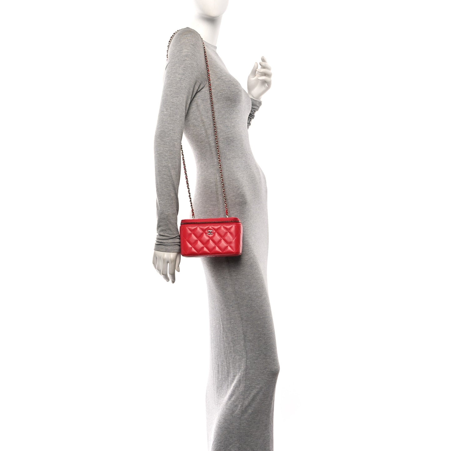 Caviar Quilted Small Vanity Case With Chain Red