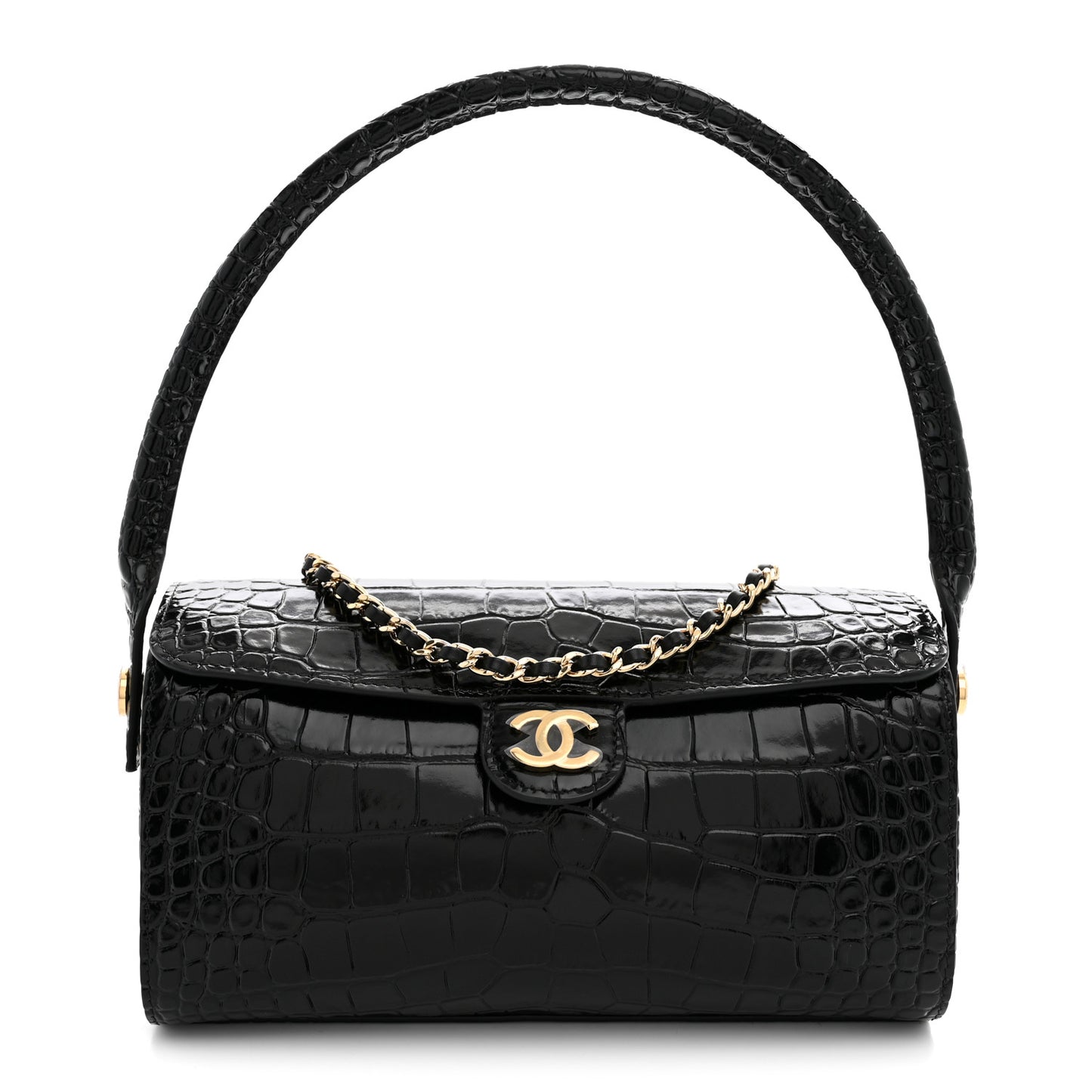 Crocodile Embossed Quilted Turn Around Clutch With Chain Black