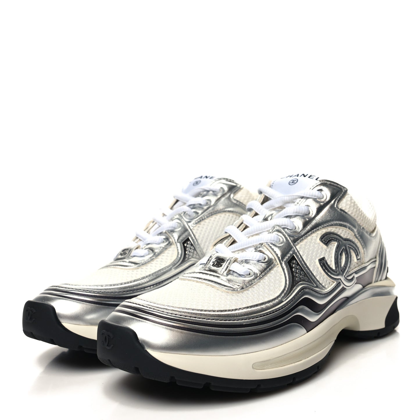 Fabric Laminated Calfskin Stretch CC Sneakers 38.5 White Silver