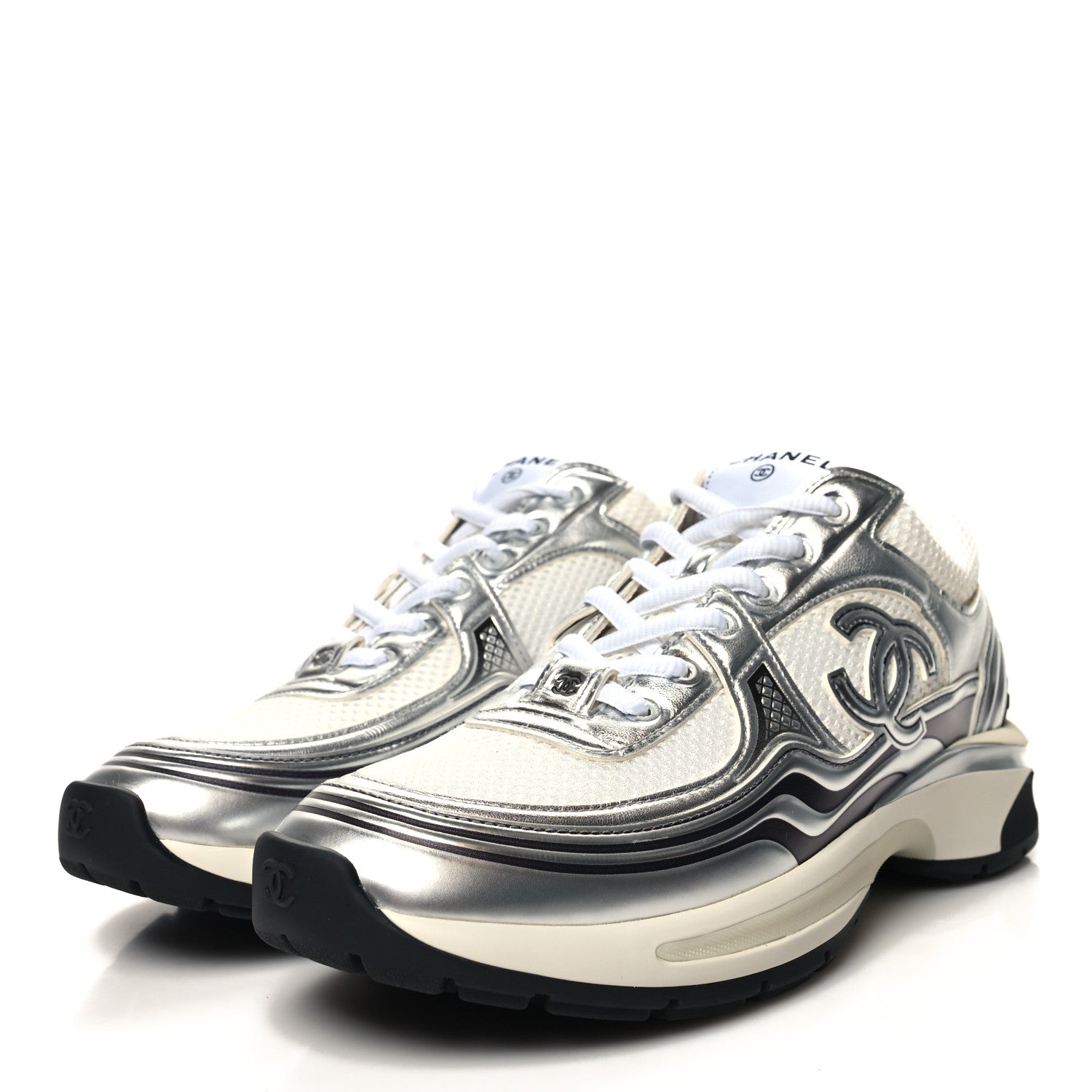 Chanel Fabric Laminated Calfskin Stretch CC Sneakers 38.5 White Silver 3 of 8
