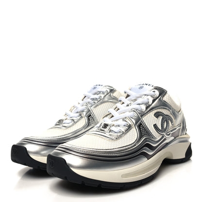 Chanel Fabric Laminated Calfskin Stretch CC Sneakers 38.5 White Silver 3 of 8