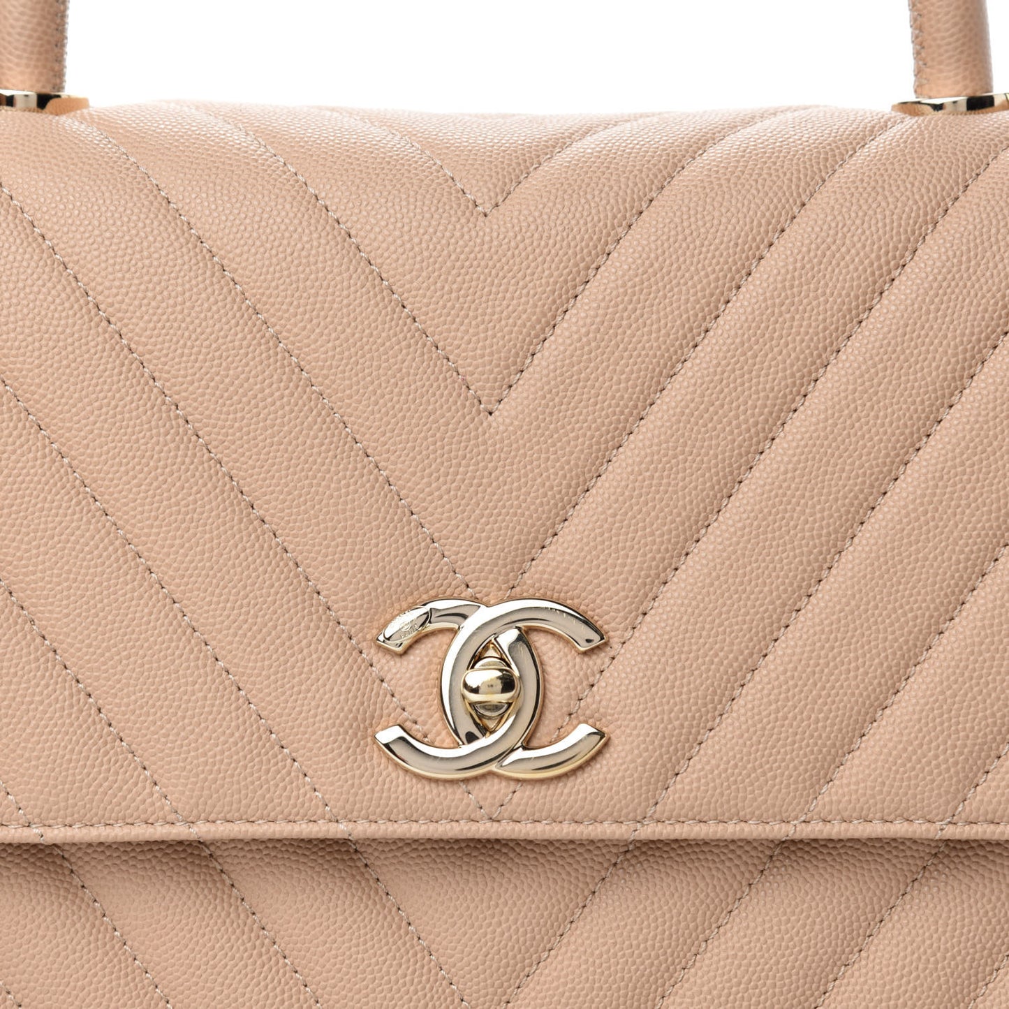 Caviar Chevron Quilted Small Coco Handle Flap Beige