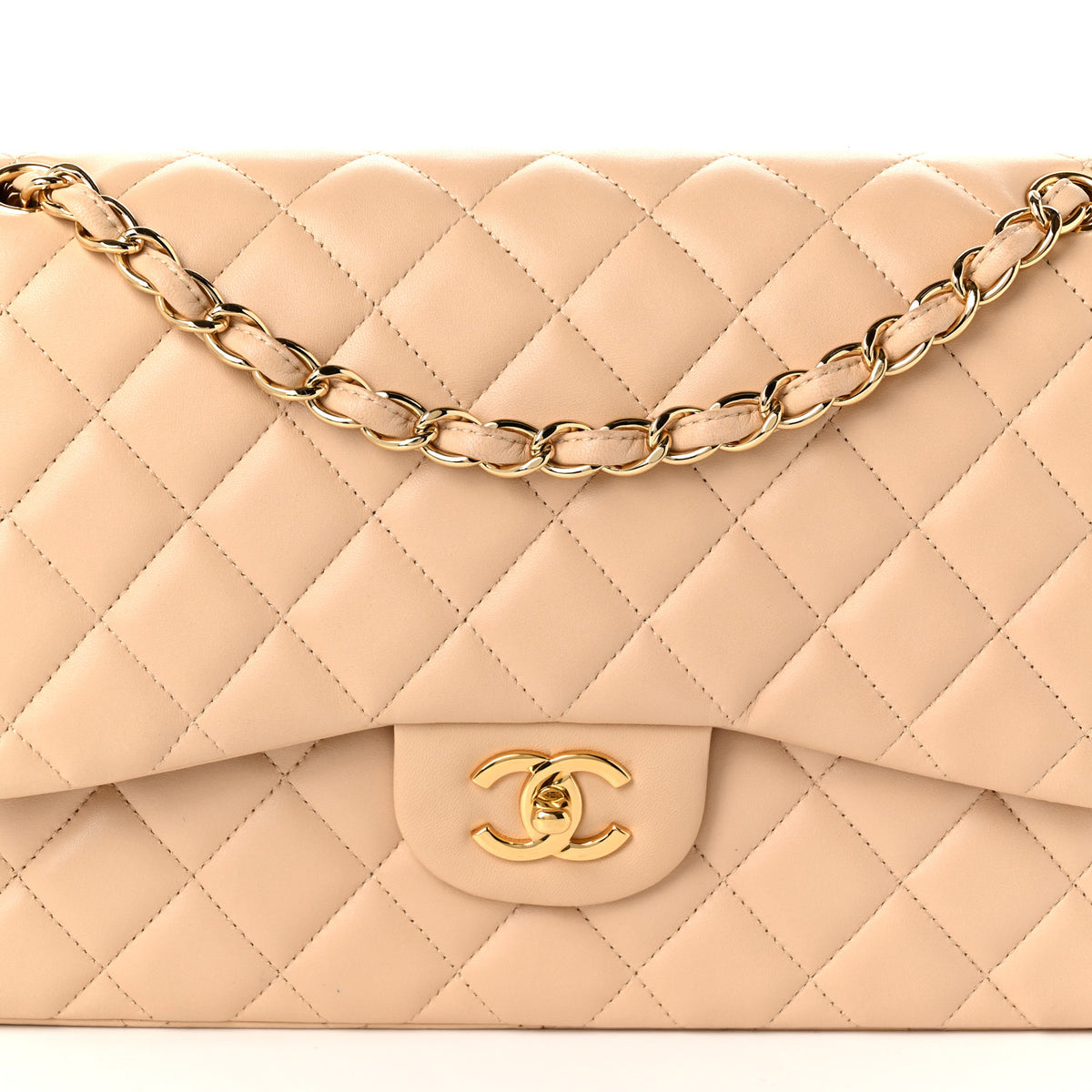 Lambskin Quilted Jumbo Double Flap Beige