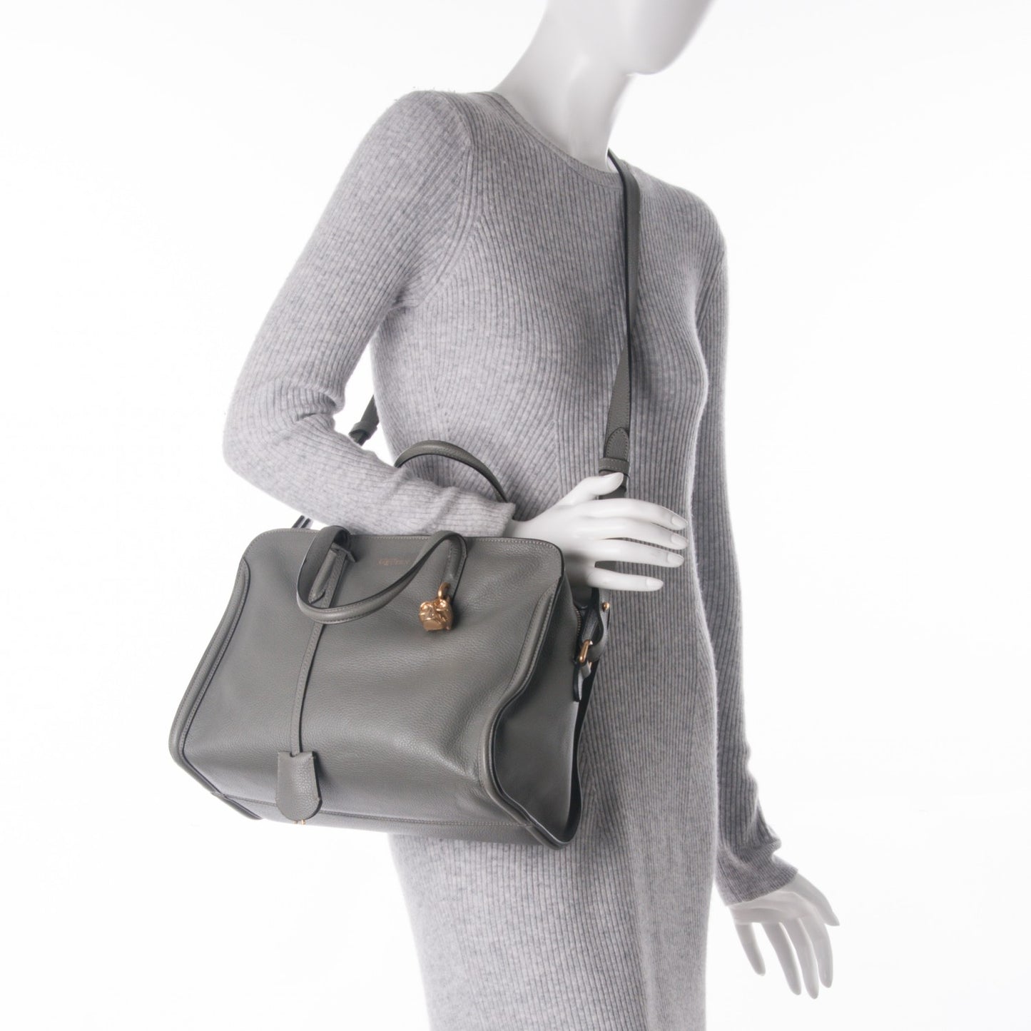 Pebbled Calfskin Small Skull Padlock Zip Around Tote Grey
