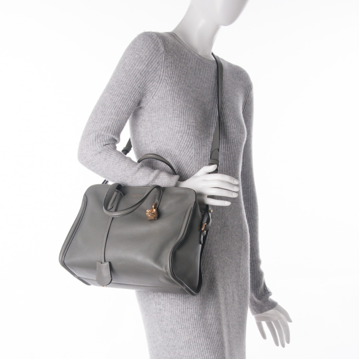 Alexander McQueen Pebbled Calfskin Small Skull Padlock Zip Around Tote Grey 2 of 7
