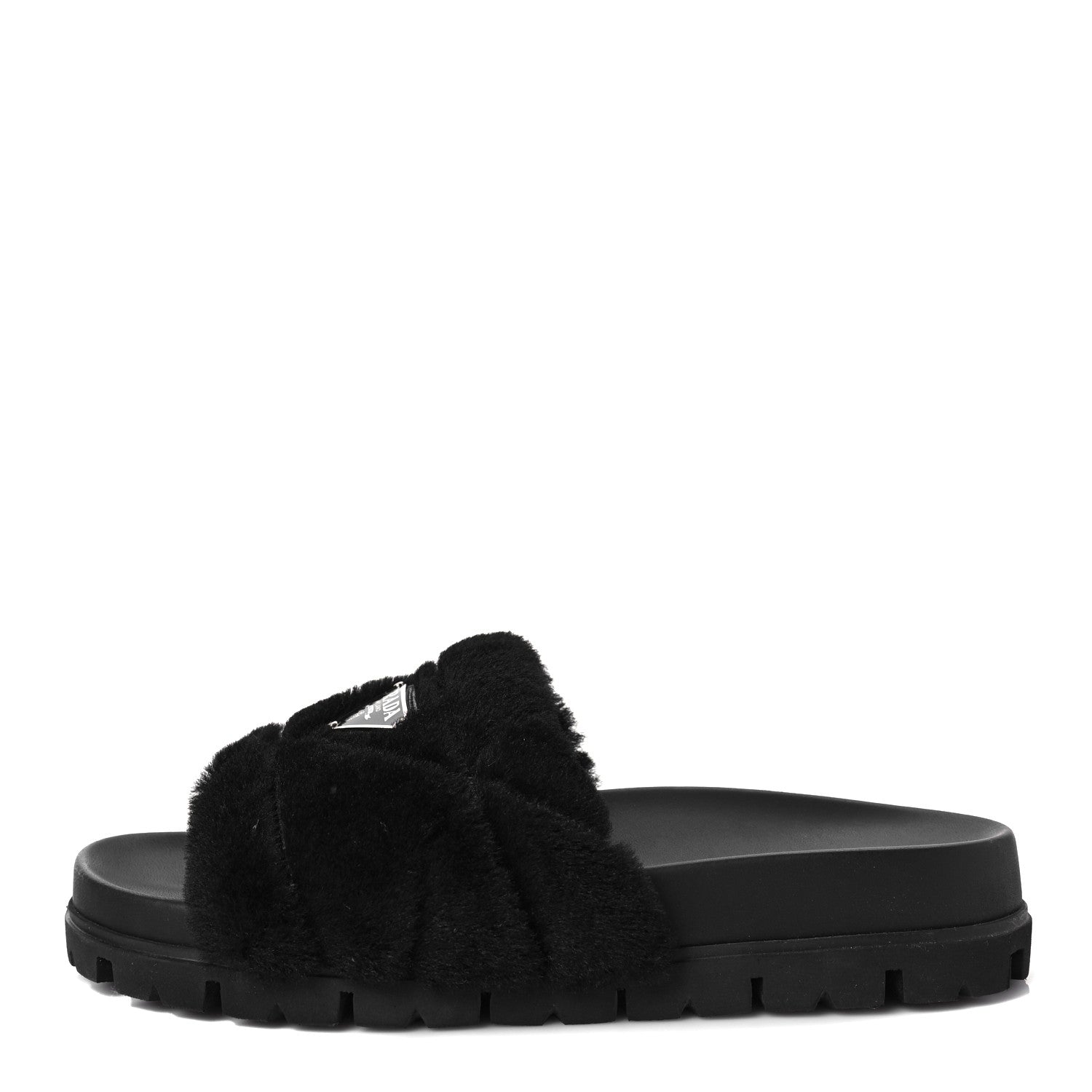 Prada Shearling Metal Triangle Logo Lug Sole 20mm Slide Sandals 36 Black 2 of 7