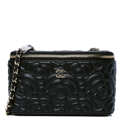 Chanel Goatskin Camellia Embossed Quilted Small Vanity Case With Chain Black 1 of 4