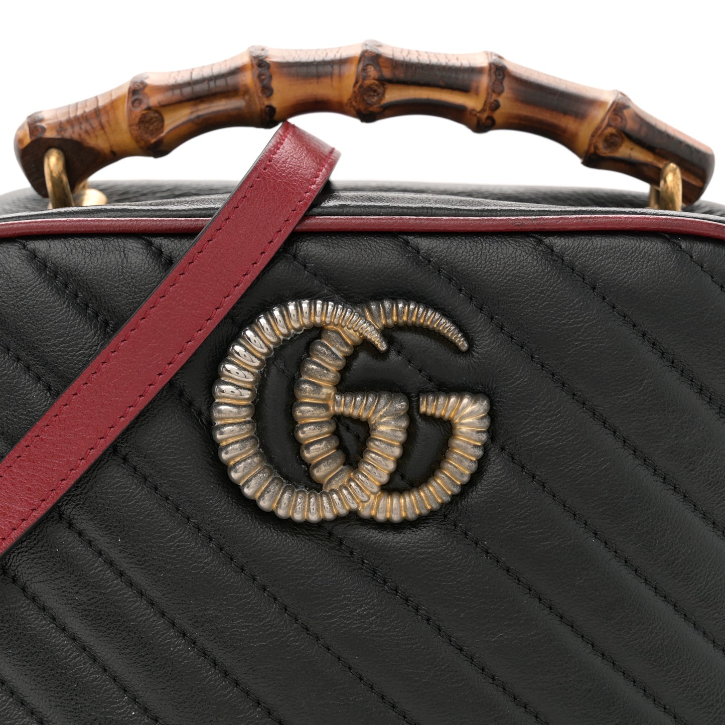 Vintage Effect Calfskin Matelasse Diagonal Small Torchon GG Marmont Bamboo Top Handle Shoulder Bag Black Romantic Cherry