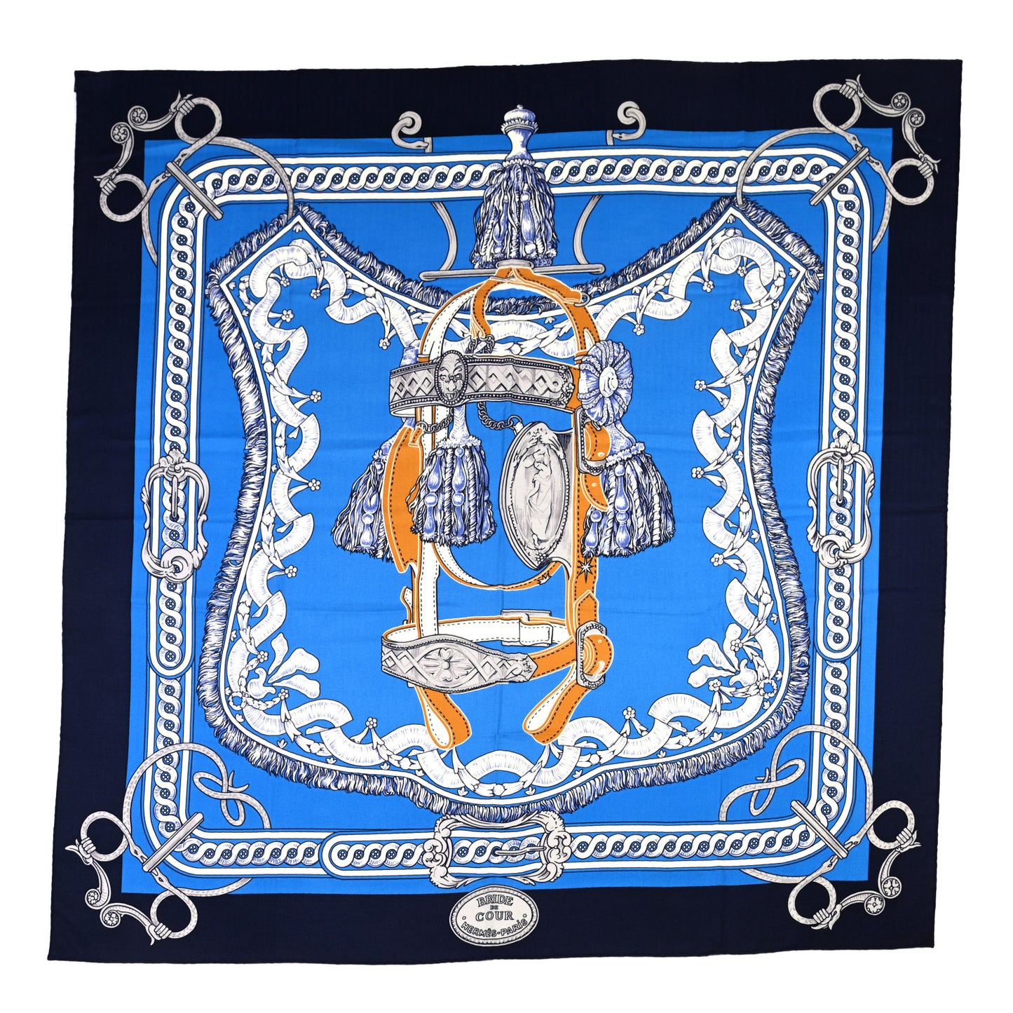 Cashmere Silk Bride De Cour Remix Shawl 140 Bleu Marine Cobalt Gold