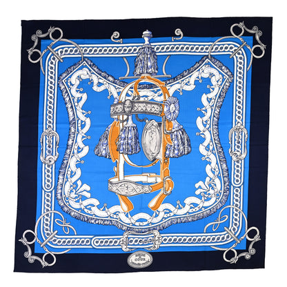 Hermes Cashmere Silk Bride De Cour Remix Shawl 140 Bleu Marine Cobalt Gold 1 of 5