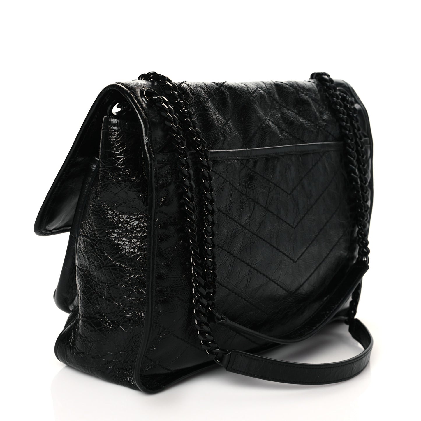 Crinkled Calfskin Matelasse Monogram Medium Niki Chain Satchel Black