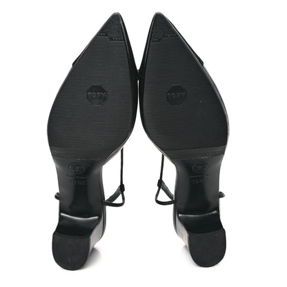 Chanel Lambskin Satin Slingback Cap Toe Bow Pumps 38.5 Black 6 of 9