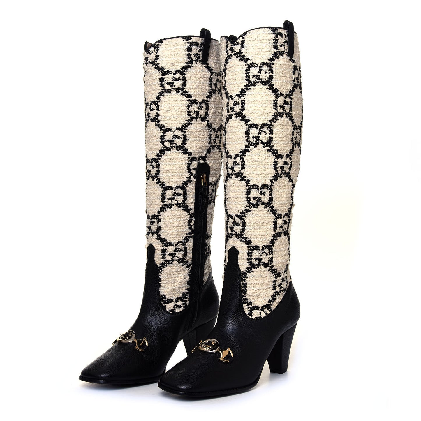 Tweed GG Monogram Wrinkled Kid Zumi Knee Boots 37 Natural Black