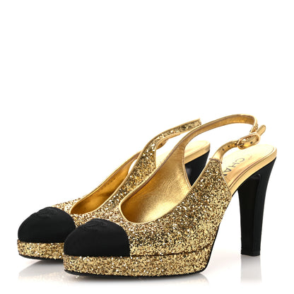 Chanel Glitter Grosgrain Cap Toe CC Slingback Pumps 38 Gold Black 4 of 13