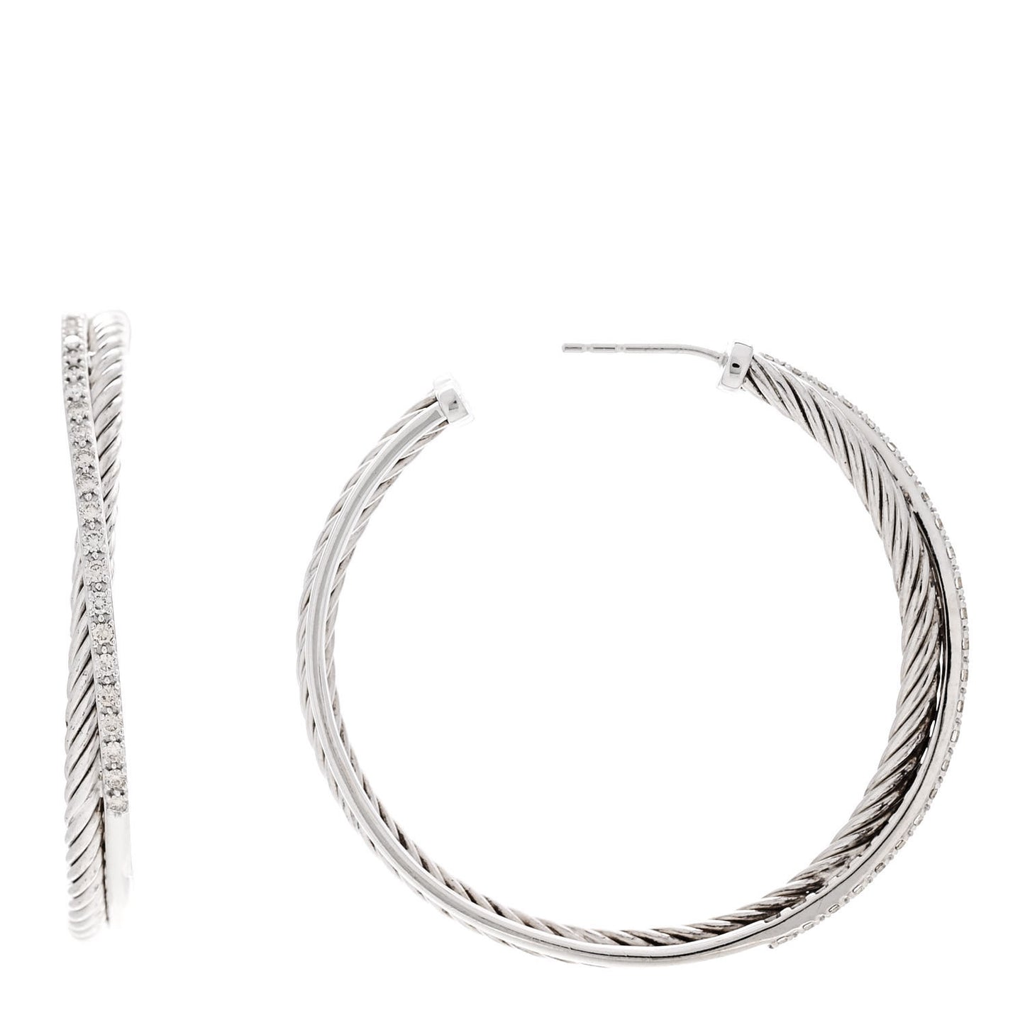 Sterling Silver 14K White Gold Diamond 44mm Crossover Hoop Earrings