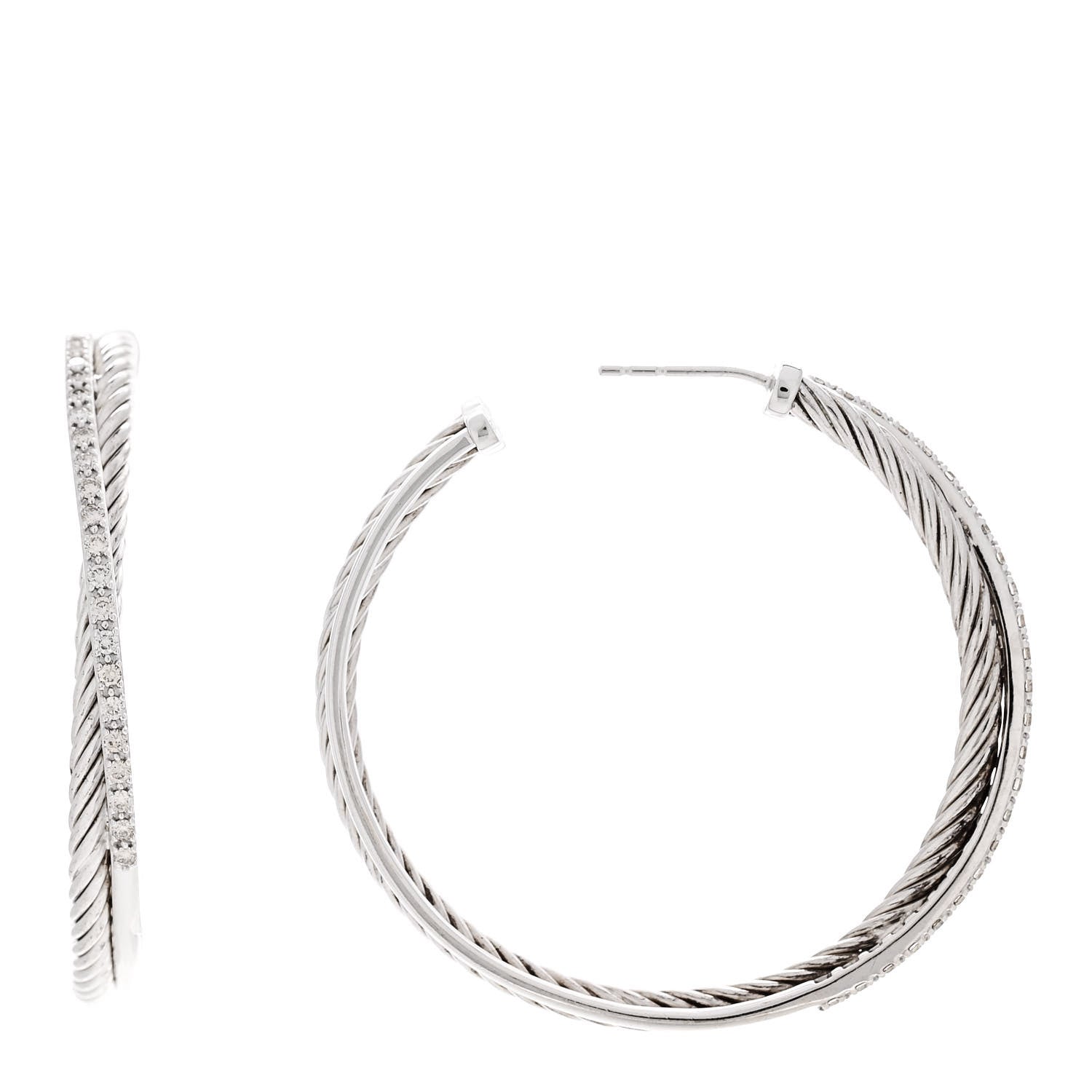 David Yurman Sterling Silver 14K White Gold Diamond 44mm Crossover Hoop Earrings 1 of 7