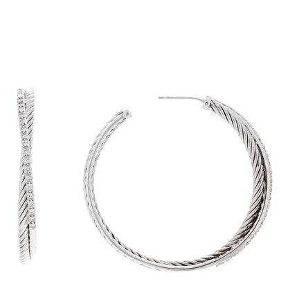 David Yurman Sterling Silver 14K White Gold Diamond 44mm Crossover Hoop Earrings 1 of 7
