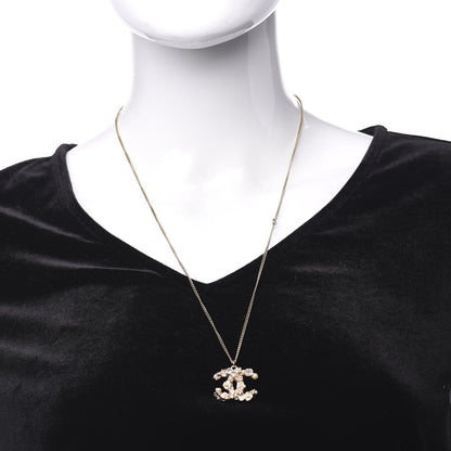 Chanel Crystal Pearl Enamel Camellia CC Pendant Necklace Pink Gold 2 of 4