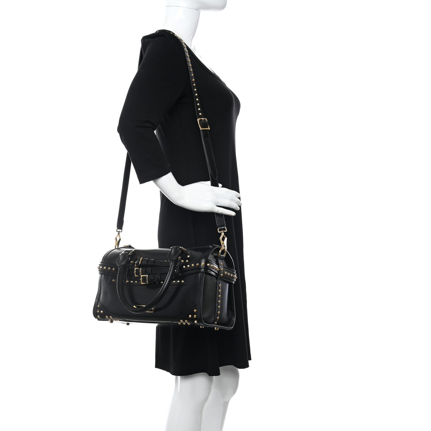 Polished Bridle Calfskin Studded Bag Black