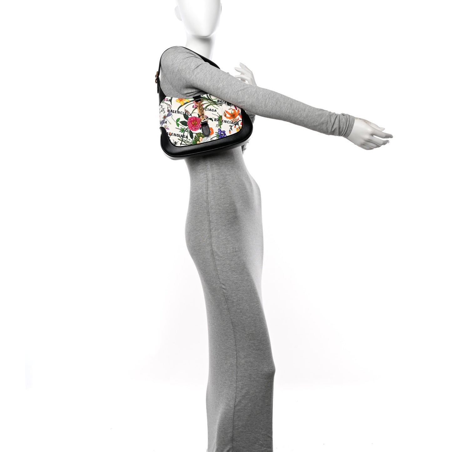 X BALENCIAGA Canvas Boarded Pluton Calfskin Flora Logo Print Small Jackie 1961 Hobo White Multicolor Black